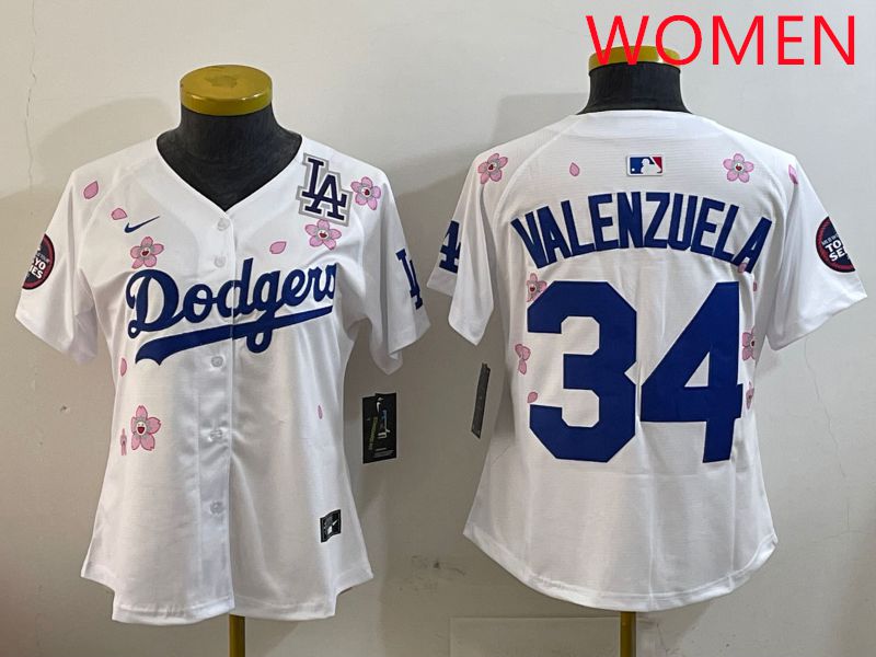 Women Los Angeles Dodgers 34 Valenzuela White Sakura Edition 2025 Nike MLB Jersey style 4